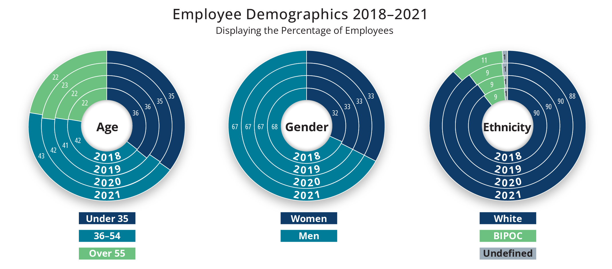 Charts of employee demographics by age, gender, and ethnicity