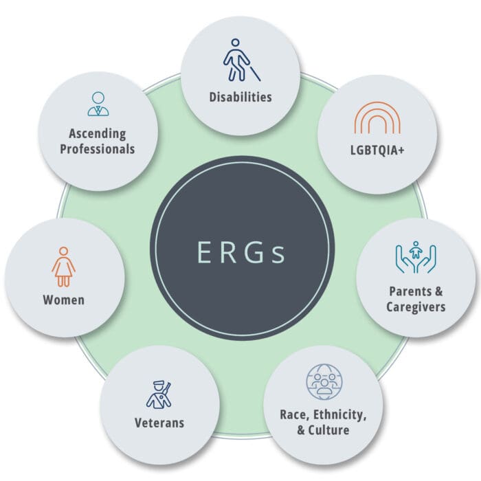 A visual graphic representing the seven Employee Resource Groups at Woodard & Curran, including: Ascending Professionals; Disabilities; LGBTQIA+; Parents & Caregivers; Race, Ethnicity & Culture; Veterans; and Women