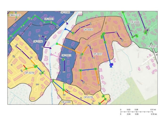 This is an example of a stormwater system mapped out and color coded based on an have Illicit Discharge Detection and Elimination (IDDE) program field investigation.